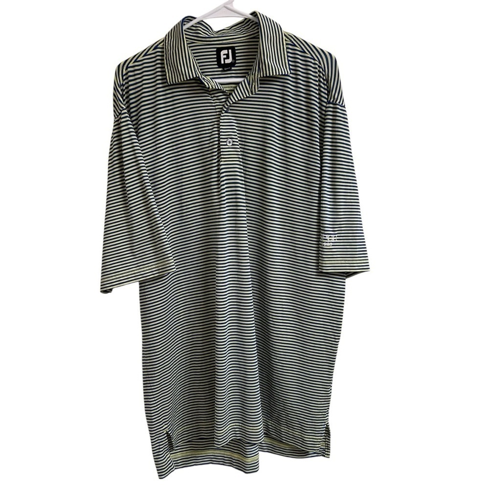 FootJoy Men’s Size L Short Sleeve Polo Shirt Yellow Blue Stripe Golf Embroidered